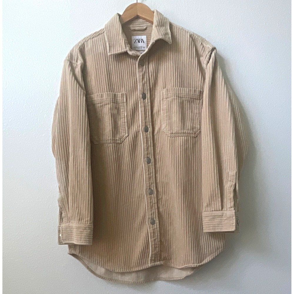 ZARA Corduroy Beige Solid Relaxed Fit Long Sleeve Button-Up Shirt Men's L